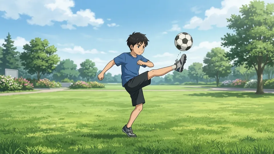 公園でサッカーをする兄弟