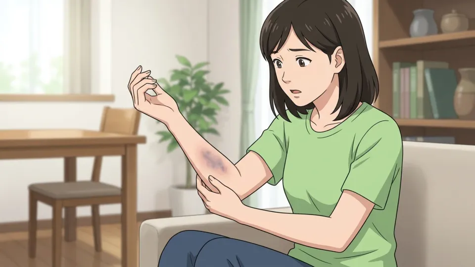 腕にできた青あざを見る女性のイラスト