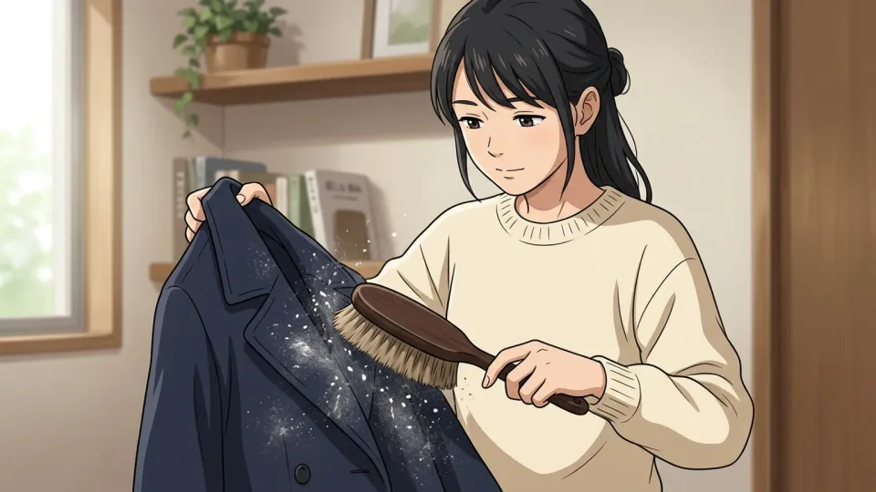 コートのほこりを払うためにブラシを使う女性。