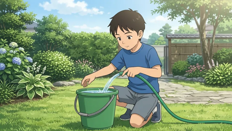 庭でバケツに水を溜める少年。