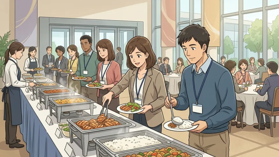 会議会場の大ホールで、参加者が料理の並ぶビュッフェ台から昼食を皿に取っている様子