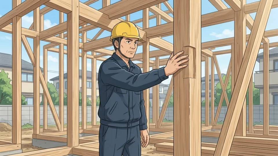 建築中の家で木製の骨組みを検査する作業員