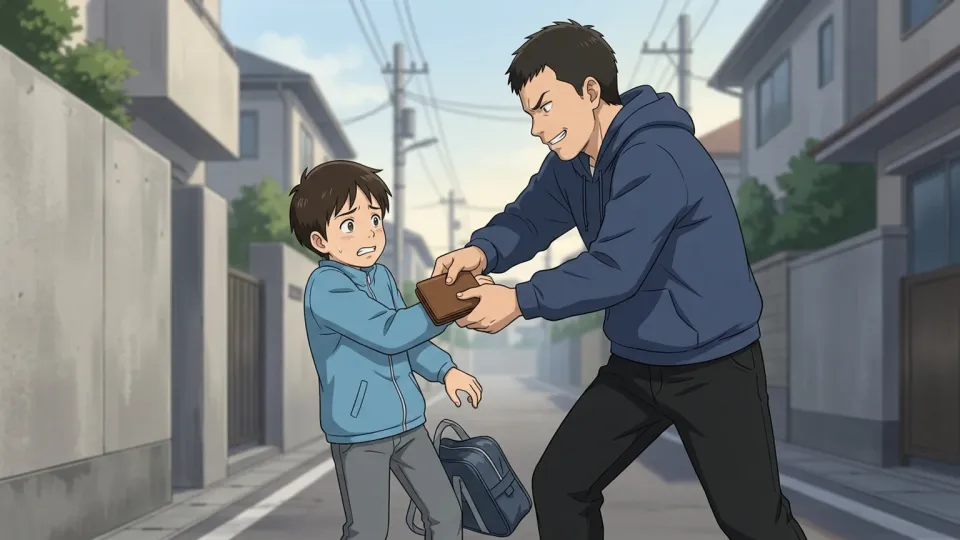 いじめっ子が少年から財布を奪っているイラスト