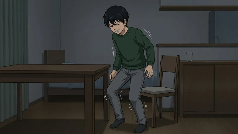 暗い部屋でテーブルにぶつかる人