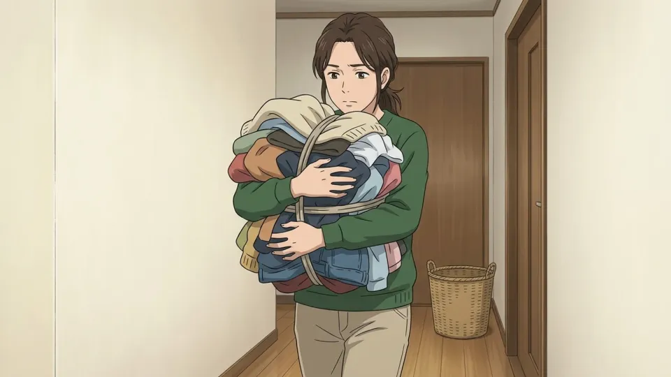 服の束を抱えて運ぶ女性
