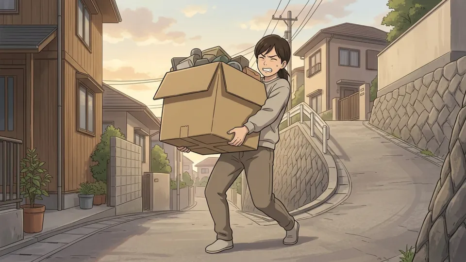 重い荷物を抱えて坂道を登る女性