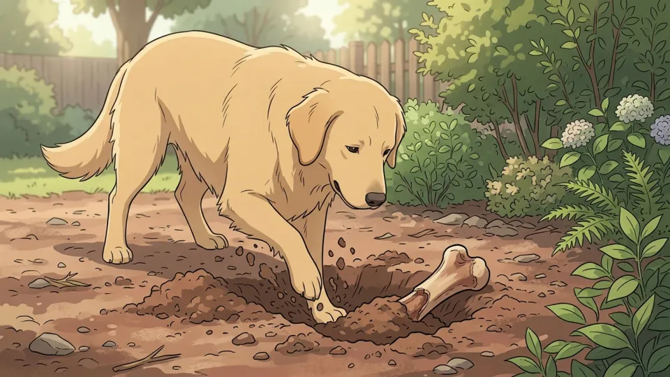 庭で骨を土に埋める犬の様子