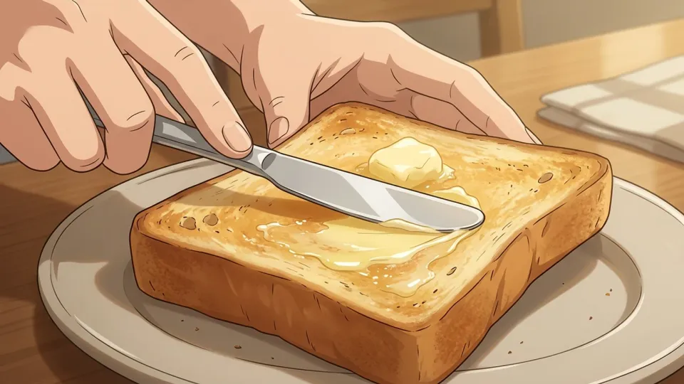 トーストにバターを塗る様子
