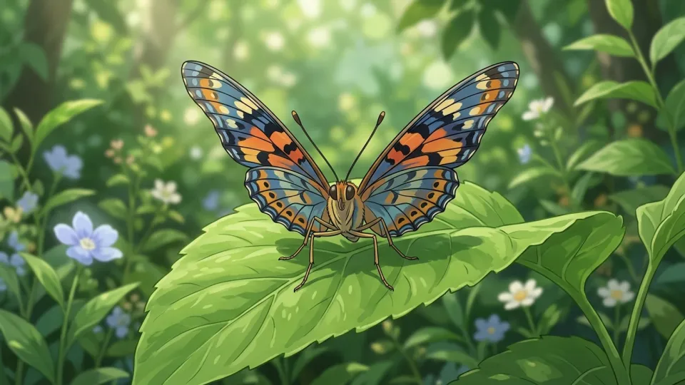 緑の葉に留まる色鮮やかな蝶