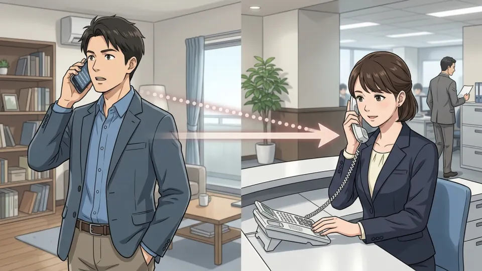 会社の受付で、受付係が受話器を持ち、営業部長の予定表を確認しながら電話の相手を保留にしている様子