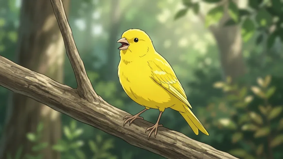 止まり木にとまり鳴いている黄色いカナリア