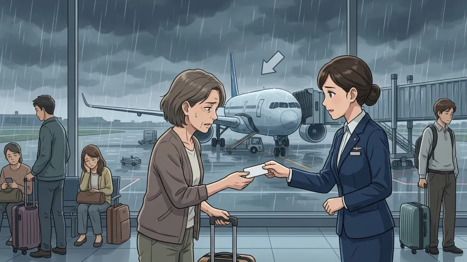 空港で欠航表示を見た乗客に、航空会社の係員がホテル宿泊券を手渡している様子