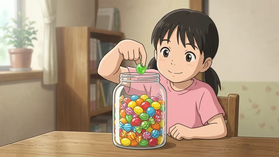 瓶からキャンディを取り出す子供