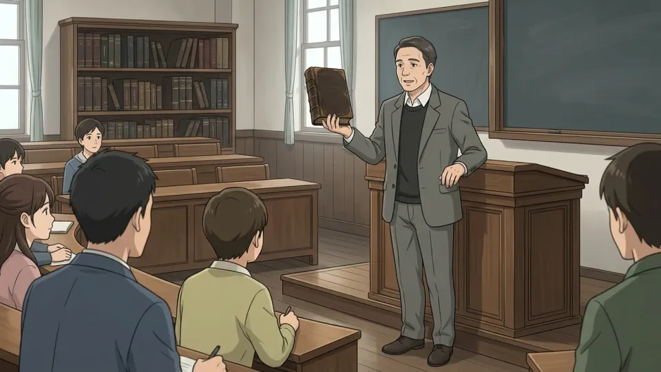 古典文学の規準について講義する教授。