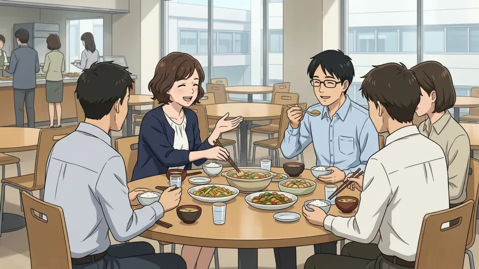 社内食堂で昼食をとる人々