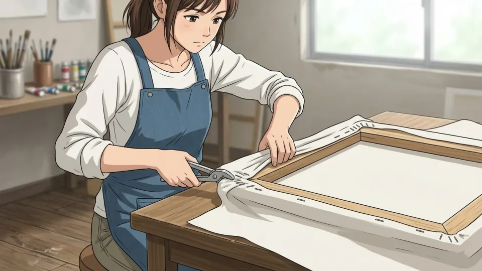木枠にカンバスを張る芸術家