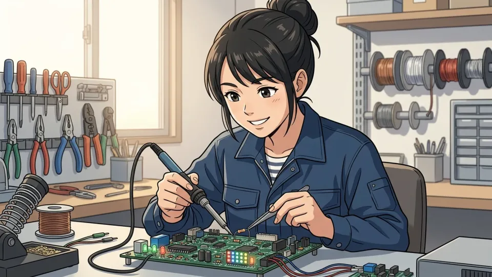 電子回路を組み立てる有能な女性エンジニア