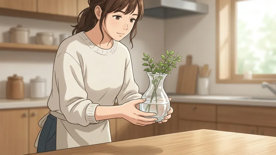女性が壊れやすい花瓶を注意深く持っている場面