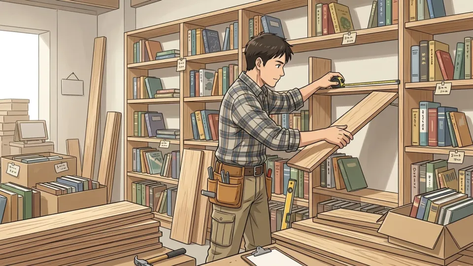 新しい書店に特注の木製棚を作る大工