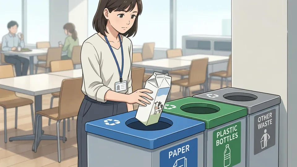空の牛乳紙パックをリサイクル箱へ入れる従業員