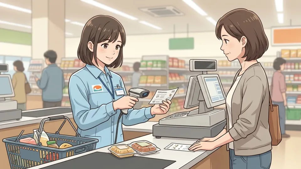 スーパーのレジでレジ係が客のクーポンをスキャナーで読み取っている様子