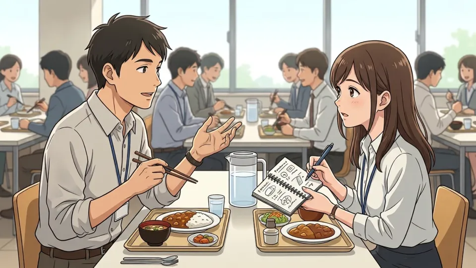 社員食堂で同僚が昼食中に何気なく案を話し、相手が新製品のアイデアとしてメモしている様子