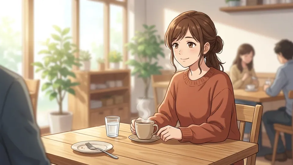 カフェでリラックスして穏やかに微笑む女性