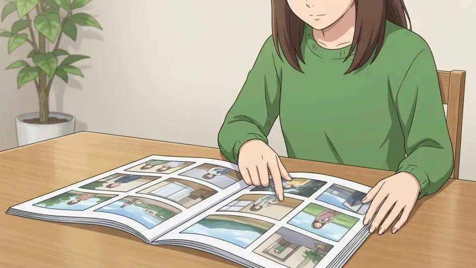 女性がテーブルの上で冊子を開いて見ている様子