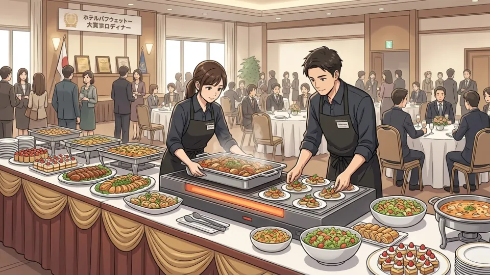表彰夕食会の料理を準備する地元レストランのスタッフ