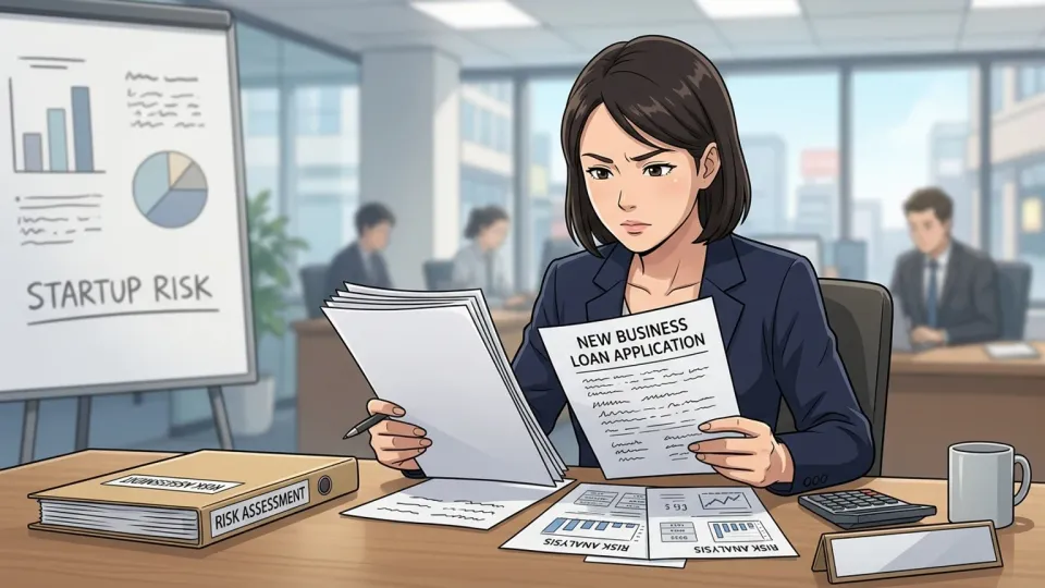 新規企業への融資を慎重に検討する銀行担当者