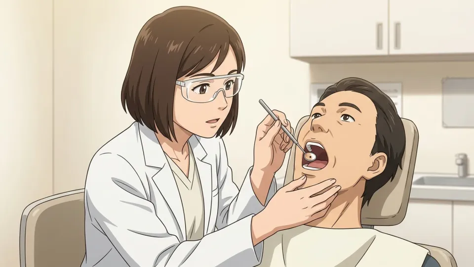 歯科医が患者の歯を診察しているイラスト