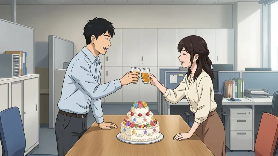会社の10周年を祝う社員たちのパーティー風景。