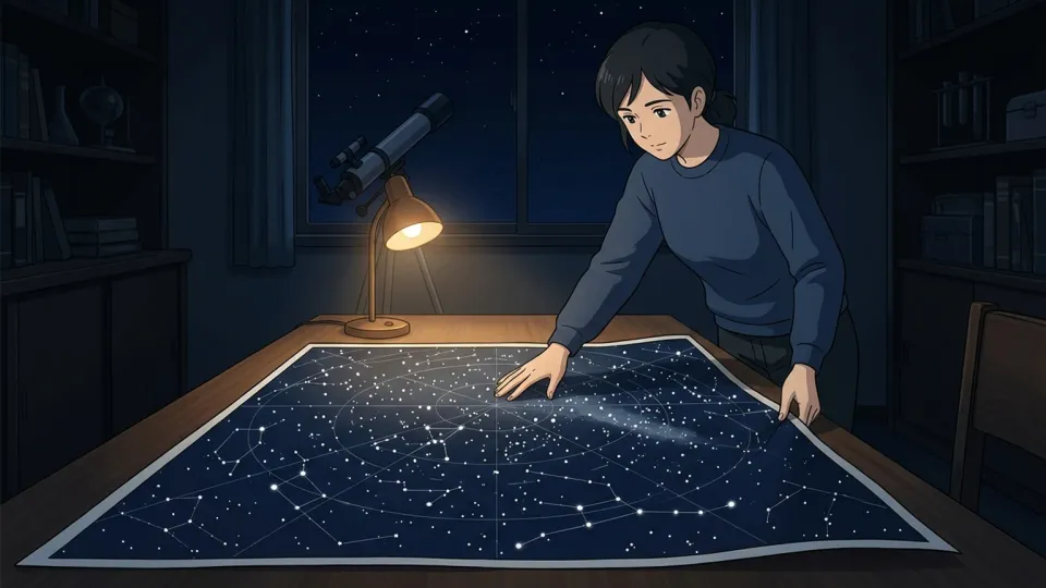 星の描かれた地図を広げる夜の様子