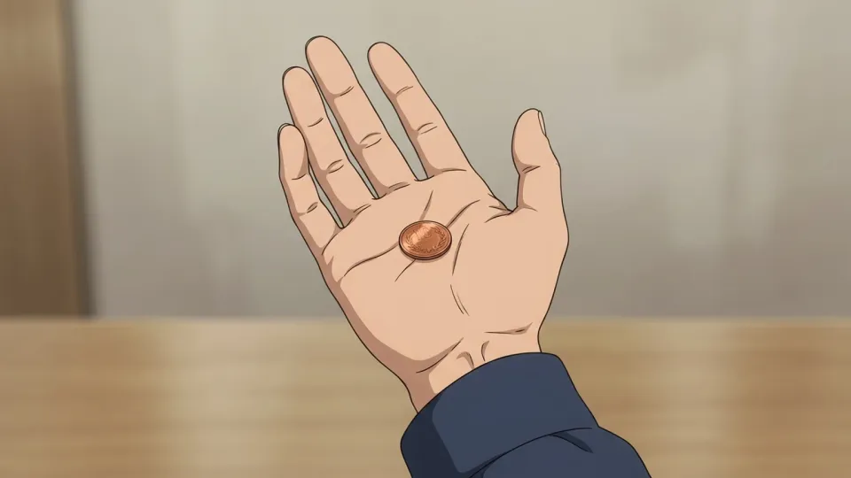 男性の手のひらに乗った1セント硬貨