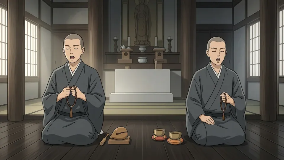 修道士たちが寺院の中で声を合わせて詠唱している場面