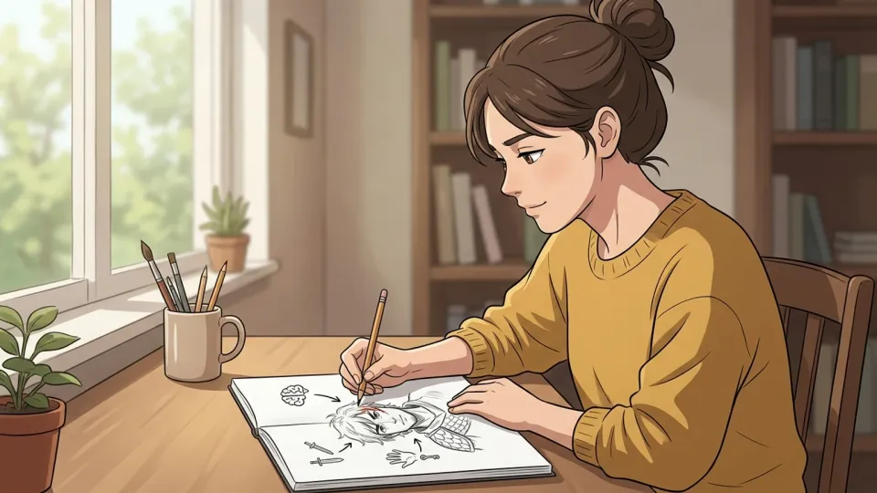 作家がノートに登場人物の特徴を書き込んでいる場面