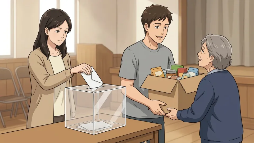 寄付箱に封筒を入れる女性のイラスト