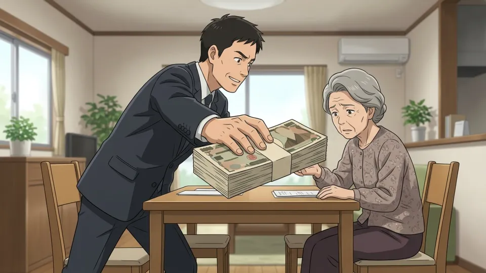 悪徳セールスマンにだまされて貯金を奪われる高齢の女性。