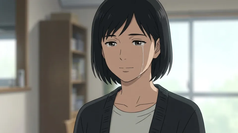 悲しい映画を見てほおに涙を流す女性