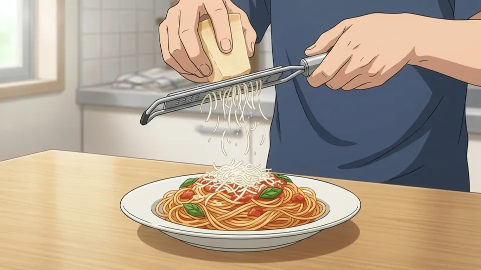 パスタにチーズをかけるシェフ