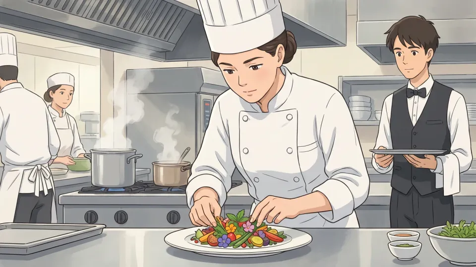 レストランの厨房でシェフが客向けのベジタリアン料理を仕上げている様子
