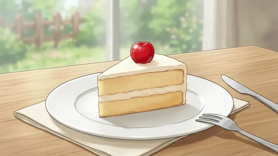 ケーキの上に飾られた赤いサクランボ