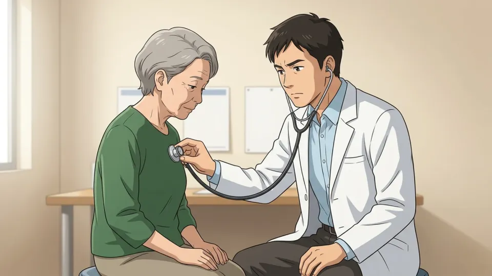 医師が患者の胸に聴診器を当てて診察している様子