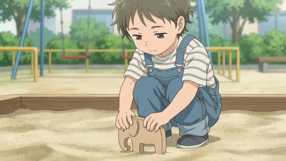 公園で木のおもちゃで遊ぶ小さな子供。
