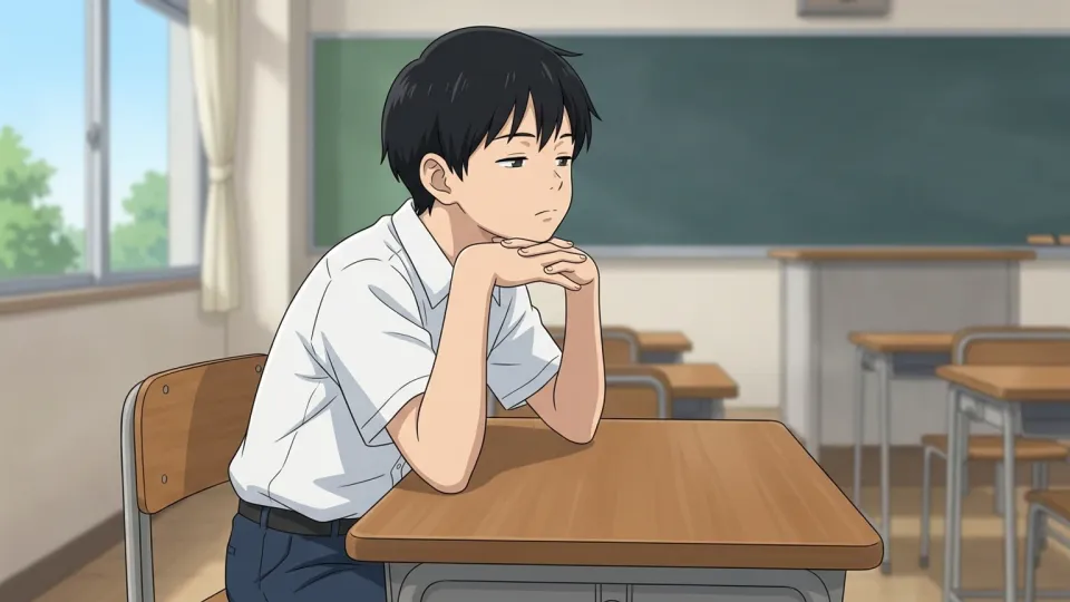 両手に顔の下部を乗せて待つ少年。