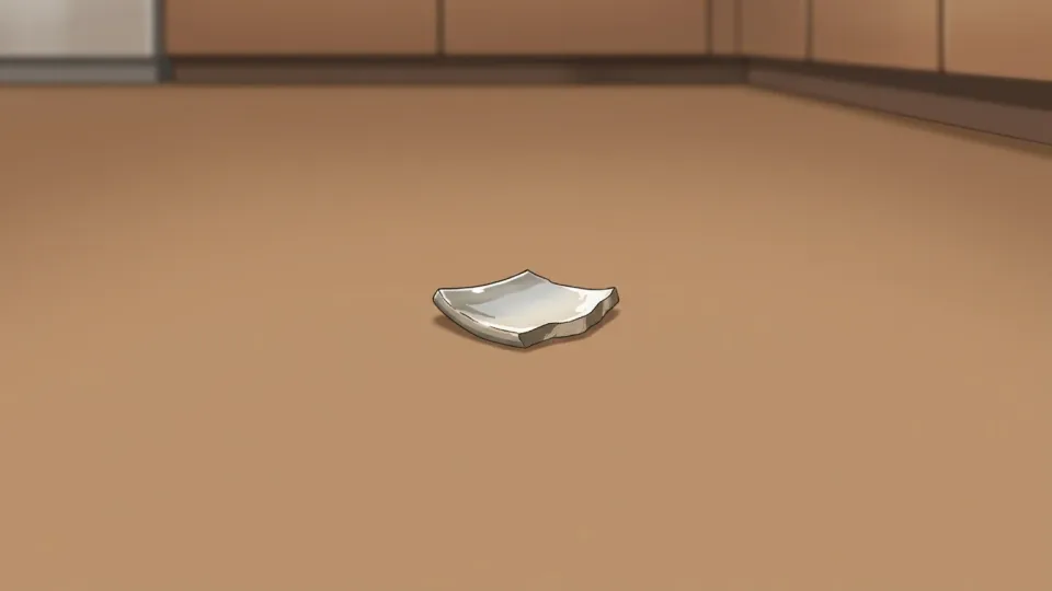 キッチンの床に落ちている陶器の破片