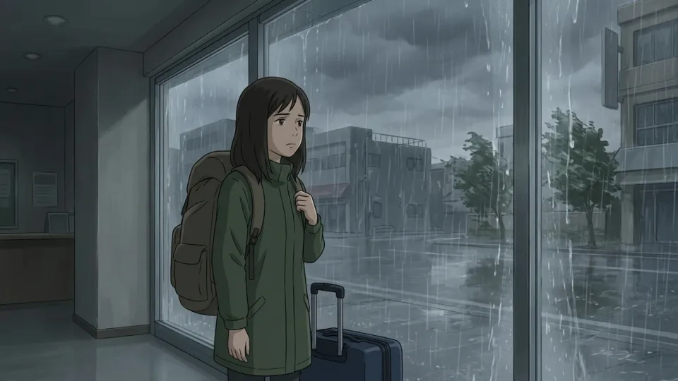 大雨によって足止めされた旅行者の様子