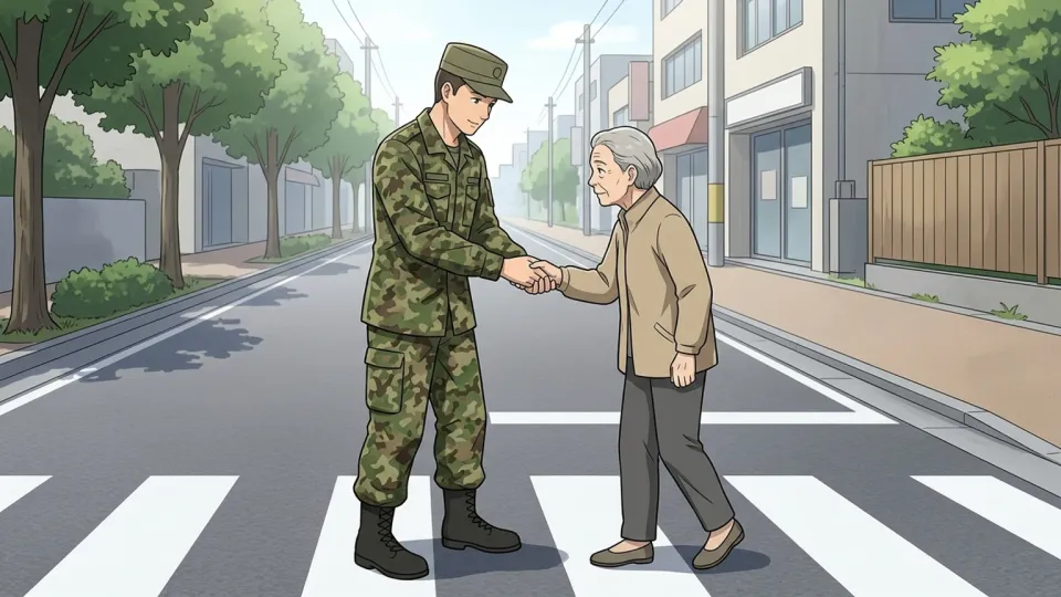 兵士が一般市民の道路横断を助けている様子。