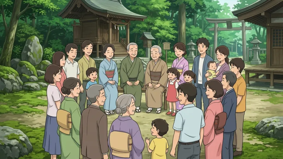 夏祭りに集まった一族の様子