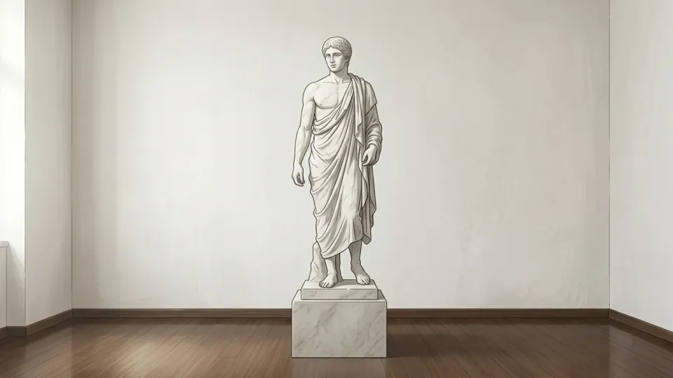 古代ギリシャの古典的な彫像が並ぶ博物館の展示室